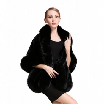 BEAUTELICATE Women's Party Faux Fox Fur Long Shawl Cloak Cape Coat-S64(More Colors) - Black - CF12OBFQKGQ