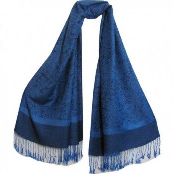 Reversible Jacquard Blue Paisley Pashmina Silk Fringe Shawl Wrap Scarf - C912N6HGAOY