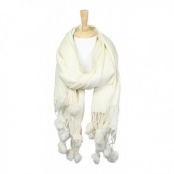 Women's Winter Warm Solid Oblong Scarf with Pom Pom Fringe - Ivory - CP188LEQDK5