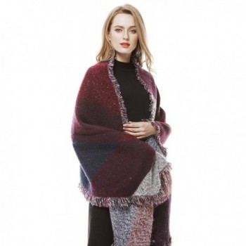 Women's Winter Thick Knit Long Shawl Cape Poncho Stylish Fringe Plaid Scarf - Dark Red - CM127YTC5FJ