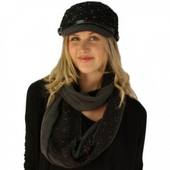 Ladies 2pc Winter Woven Knit Cadet GI Hat Loop Infinity Scarf Matching Set - Black - CW11P3EUR0N