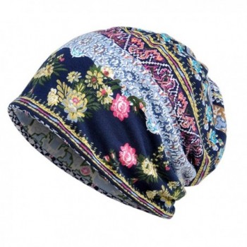 Parkside wind Womens Soft Cotton Boho Ethnic Flower Print Stripe Slouch Beanie Infinity Scarf (Blue) - C218742TA27