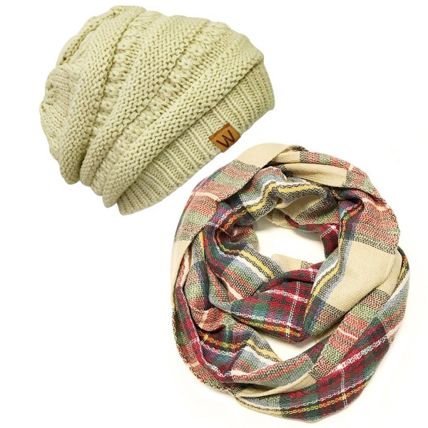 Wrapables Plaid Print Winter Infinity Scarf and Beanie Hat Set- Red and Green - C412ODYPI8C