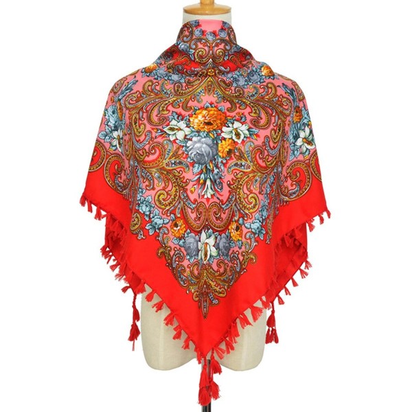 Women Scarf Vintage Trendy Fringe Big Square Long Warm Floral Scarves Shawl - Red & Small - CR1869IEUO6