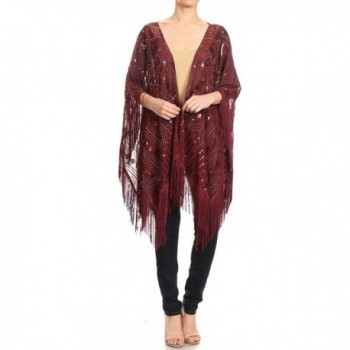 Anna-Kaci Womens Oversized Hand Beaded and Sequin Evening Shawl Wrap with Fringe - Burgundy - CB180MZNXZC