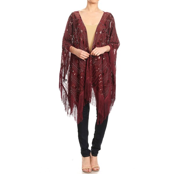 Anna-Kaci Womens Oversized Hand Beaded and Sequin Evening Shawl Wrap with Fringe - Burgundy - CB180MZNXZC