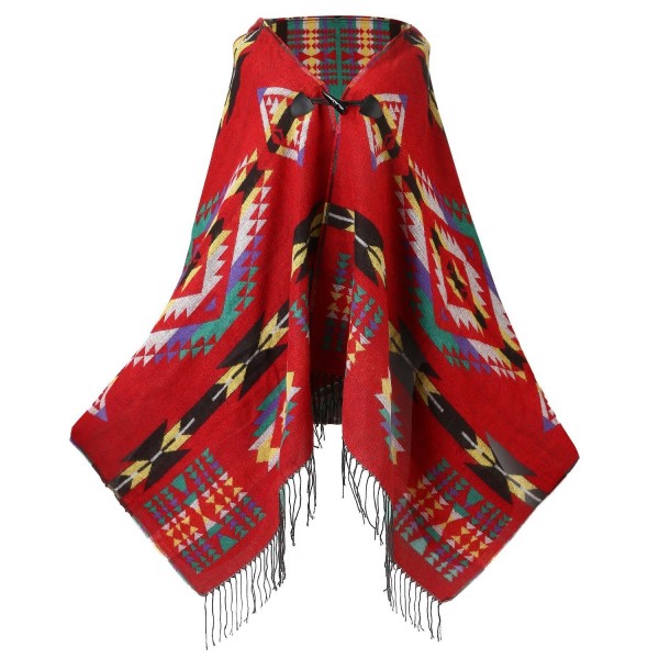 UTOVME Womens Wool Blend Fashion Bohemian Fringe End Poncho Cashmere Feel Cape - Red - C4126DGVLGX