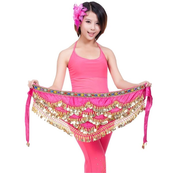 AvaCostume Belly Dance Gold Coins Waist Scarf Dangling Hip Skirt - Rose Red - CU186YDH4DD