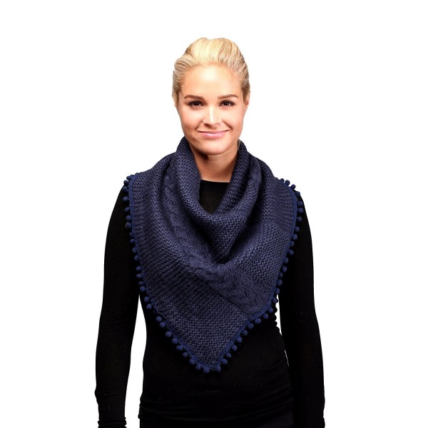 Women's Knitted Loop Tube Infinity Collar Scarf with Pom Poms - Navy - CL188LEUQYD