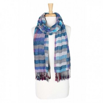 Multi Color Plaid Long Scarf with Long Fringe Square Pattern Scarf - Blue - C118735AMY5