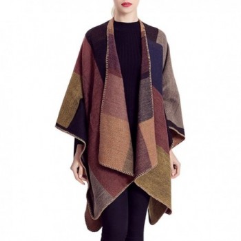 Futurino Women Cozy Blanket Plaid Cape Color Block Open front Winter Warm Cardigan Sweater - Bronze - C21804GSUK8
