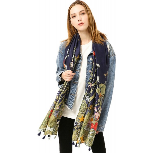 Ababalaya Women's Extra Large 70"&times35" Soft Print Scarf Wrap Beach Shawl Fringed - Navy Blue - CP18529RUQA