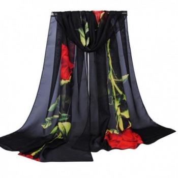 Creazy Fashion Women Rose Long Soft Wrap Scarf Ladies Shawl Chiffon Scarf Scarves - Black - CF12MZHLWR7