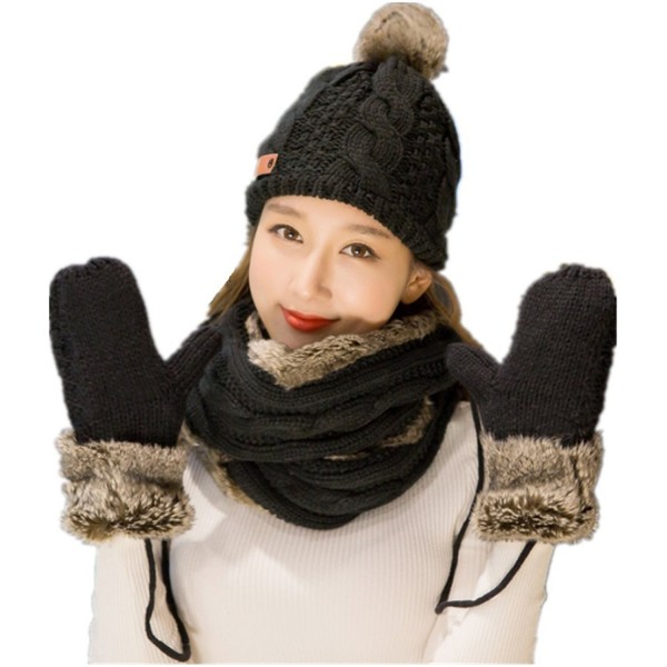 Lucky Beth Winter Warm Women Wool Hat/Scarf/Gloves Set Knitted Hat Scarf Mitten - Black Two-circle Scarf - CP1870IQ4AO