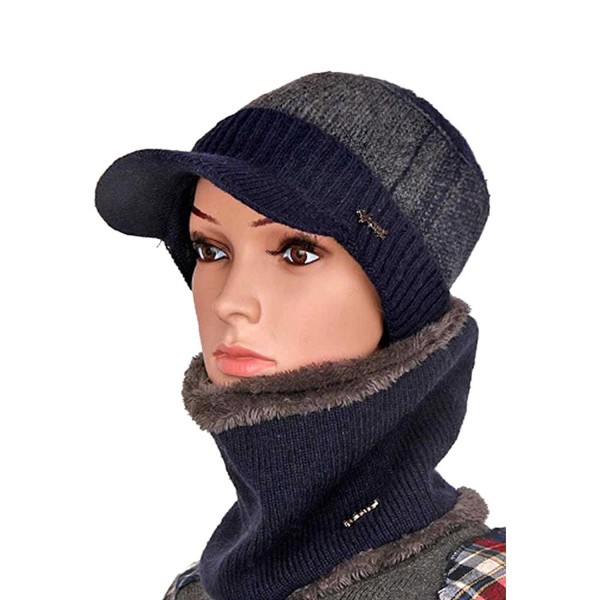 Winter Knit Peaked Cap Scarf Set Chunky Flat Hat Stripe Unisex Skull Cap Ski Cap - Blue - CZ1872U8C0Z