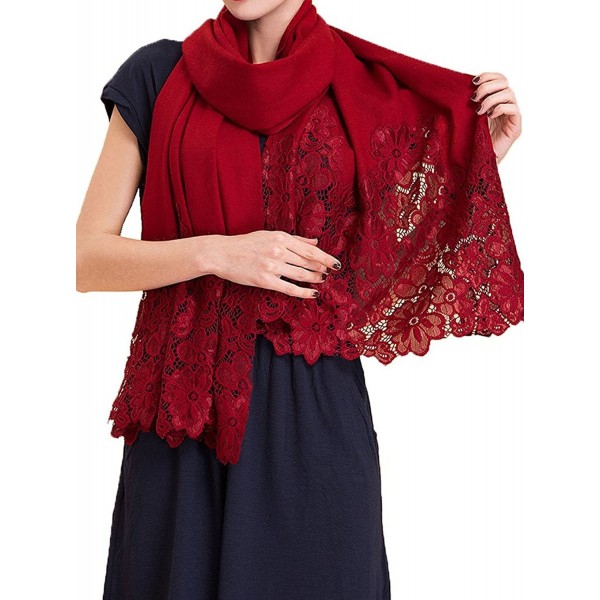 TLIH Women's 100% Wool Lace Splicing Embroidered Scarf Wrap Party Shawl - Red - CI12O7U1N5T