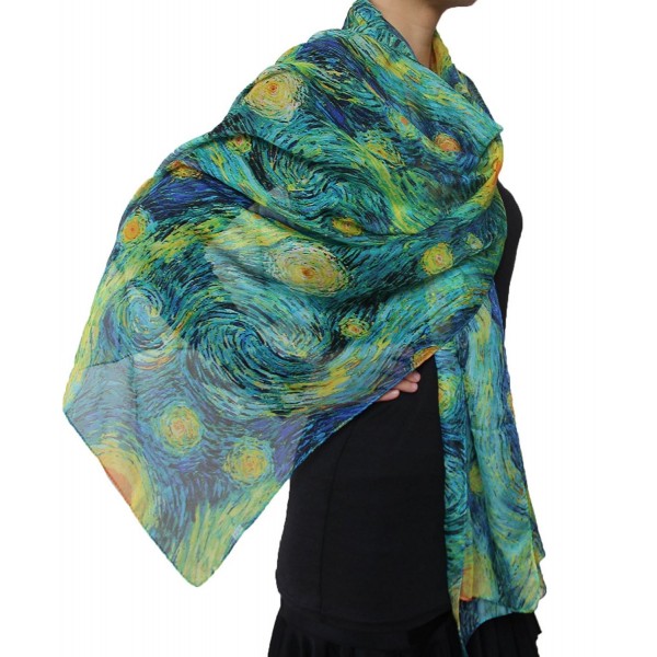 Seamaidmm Fabulous Starry Night Van Gogh Yellow Star Moon Print Chiffon Scarf Blue - CI1280AVA1T