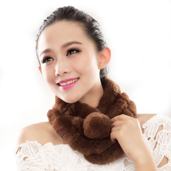 URSFUR Women Winter Fur Pull Through Scarf Soft Rabbit Pom Neck Collar Scarves - Brown - CS11FG59Z6B