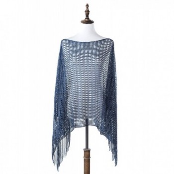 Bazzaara Spring/Summer Poncho Netting with Fringe Shawl - H Navy Blue - CC17YCTIYZX