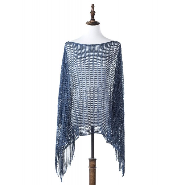 Bazzaara Spring/Summer Poncho Netting with Fringe Shawl - H Navy Blue - CC17YCTIYZX