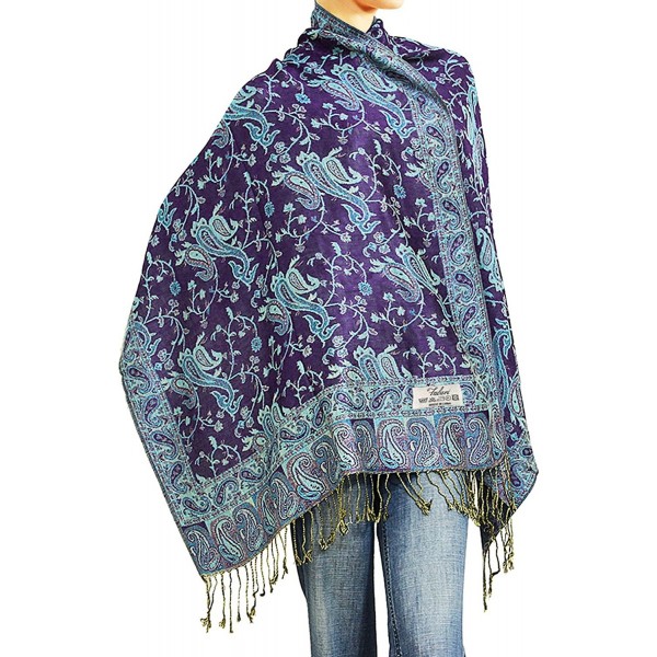 Falari Women's Woven Pashmina Shawl Wrap Scarf 80" x 27" - Dark Purple & Turquoise - CT12BBTK6JZ