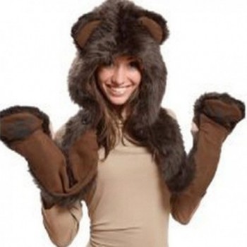 Julvie Faux Fur Full Animal Hood Hoodie Hat 3-in-1 Mittens Scarf Spirit Paws Ears - Bear - CW12NYFOUUG