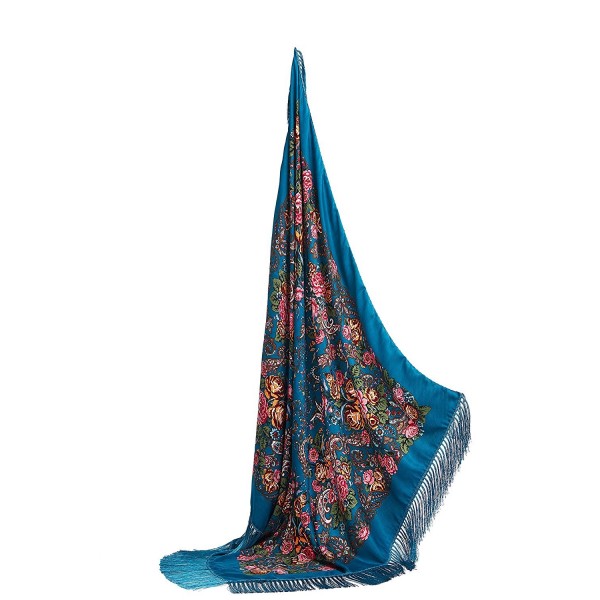 Ladies Tassel Shawl With Roses Ukrainian Polish Russian Retro Head Wrap 44" x 44" - Azure Blue - CP17YLT00W9