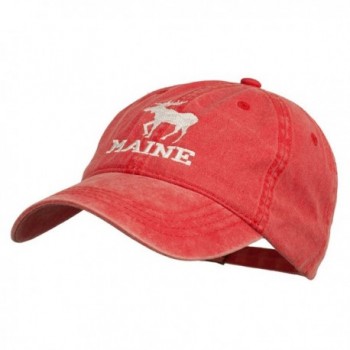 Maine State Moose Embroidered Washed Dyed Cap - Red - C311P5HWKZD