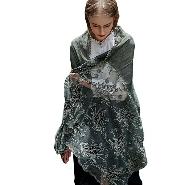 Women Large Shawl Wrap Scarf In Solid Colors Spring Winter Soft Lightweight Lace Flowers Scarves - Green Black - CA188E7HXEI