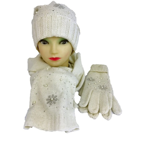 SNOWFLAKE Series Wool blended Gift Sets Hat- Glove and Scarf with Pearl Design - Beige - CC183XS20YW