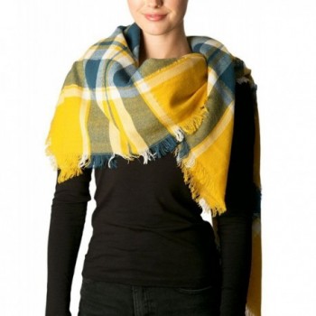 Women's Warm Oversized Checked Tartan Blanket Scarf Wrap Shawl With Brooch - 7220-mustard - CF188TWA3IY