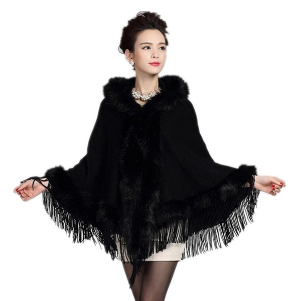 Saikey Tassel Faux Rabbit Fur Batwing Sleeve Warm Coat Knitted Hoodie Cape Shawl - Black - CU12LOA1FV3