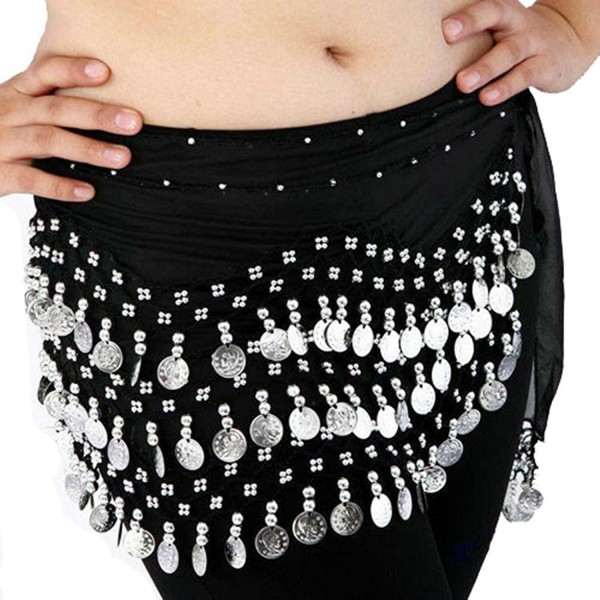 Black Belly Dancing Hip Scarf with Silver Coins - C1115BZK23B