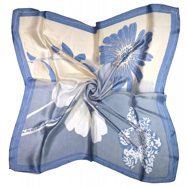 Teal Blue White Cream Flower Print Fine Silk Square Scarf - CZ12NTXWKYQ