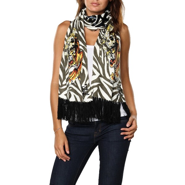 Ed Hardy Women's Soft Knit Warm Long Scarf Leopard Animal Printed Colors - Skull Tiger Off White/Thyme - CM11B4ILBPR