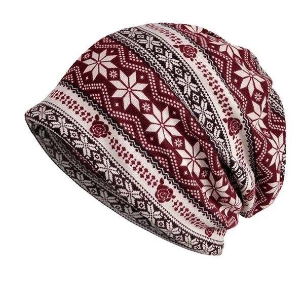 Erin's Town Oversized Open Baggy Daily Slouchy Beanie Fall Hat Chemo Infinity Scarf Turban - Burgundy Snowflakes - CH186G40W9H