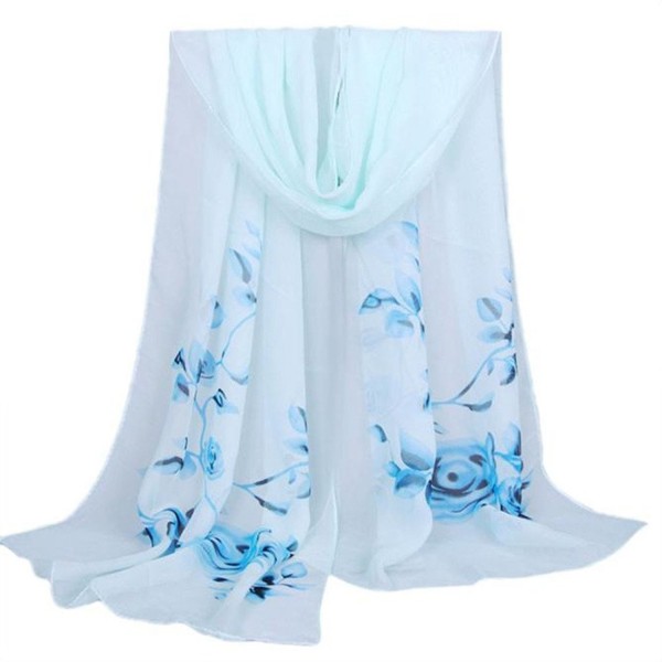 Women's Fashion Long Shawl Buedvo Ladies Chiffon Soft Wrap Flowral Print Scarf (63"x19.7"- Blue) - CF12O67Y2RZ