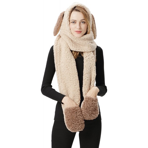 Women Girl Plush Soft Winter Warm Hoodie Gloves Pocket Hat Scarf - Beige - CP127YTBFMN