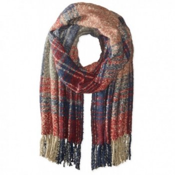 La Fiorentina Women's Oversized Plaid Scarf with Fringe - Red/Grey/Navy - CP11UW5DG47