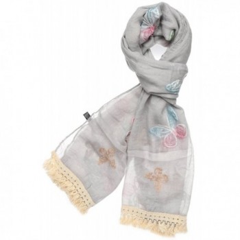 Women's Premium Collection Sheer Soft Embroidered Cotton Scarf - Butterfly- Grey - C812EKH4OV1