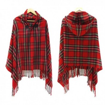 Women Fashion Pashmina Ethnic Aztec Bohemian Tassel Cloak Cape Hooed Plaid Shawl - Red - CX126Z7JTD7