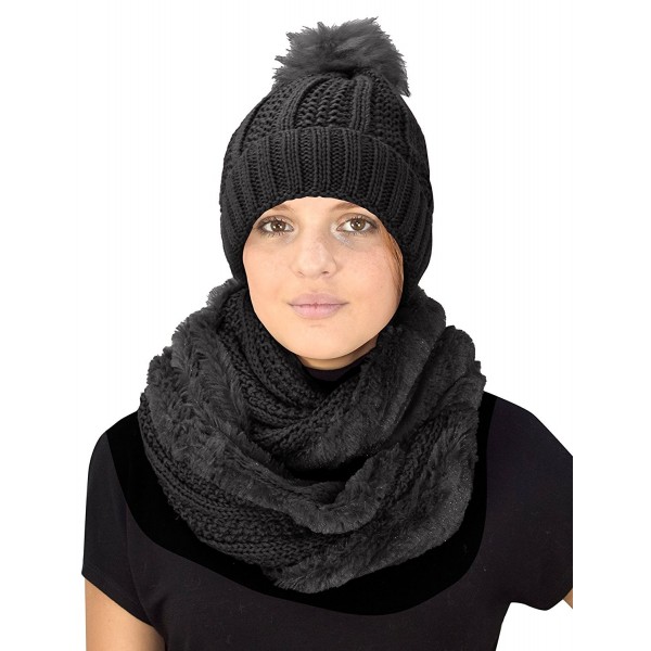 Peach Couture Thick Cable Knit Faux Fur Plush Double Layer Hat Infinity Scarf Set - Black 98 - CV18844AZ9X