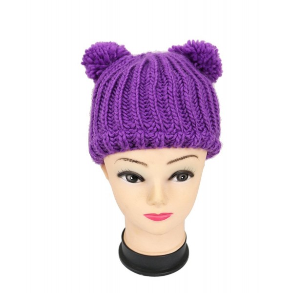 Bazzaara Women Beanie Knitted Knit Warm Ski Crochet Slouch Hat Cap Cat double poms + Fashion tie - Purple - C612NZB4HS7