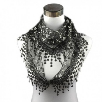 DEESEE(TM) Lace Tassel Sheer Burntout Floral Print Triangle Mantilla Scarf Shawl - Black - C212MAT8T3U