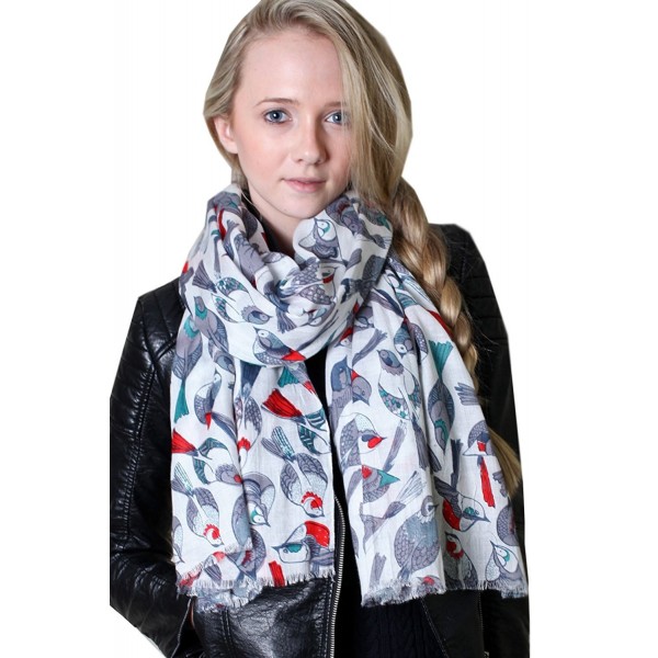 Anika Dali Women's Tweet Bird Print Scarf- Multi color Lightweight Soft Shawl (2 Colors) - Primavera Ivory / Red - CW11HNSR8Z9