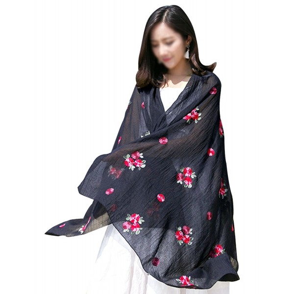 Women Exotic Style Floral Embroidery Silk Scarf Cotton Linen Pashmina Shawl Wrap Scarves - Black - CW184WIQKRT