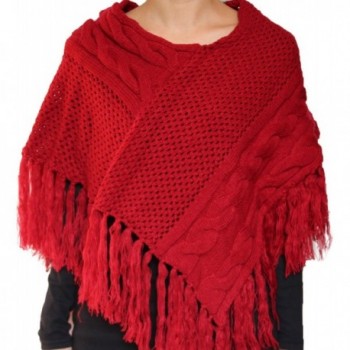 Light Weight Stylish Twist Cable Knit/Knitted Fringe Poncho/Cape/Capelet Red - CB11H2FPKAH