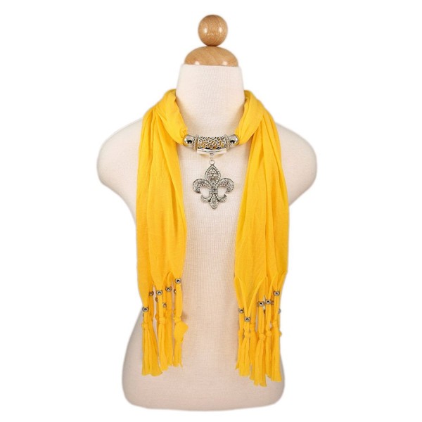 Elegant Charm Pendant Jewelry Necklace Scarf w/Fleur de lis Medallion-11 Colors - Yellow - CR11DSYHVVX