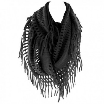 Crochet Fringed Infinity Circle Loop Figure Eight Endless Scarf Wrap By Silver Fever (Black-Wide) - CJ11G7BG8GD