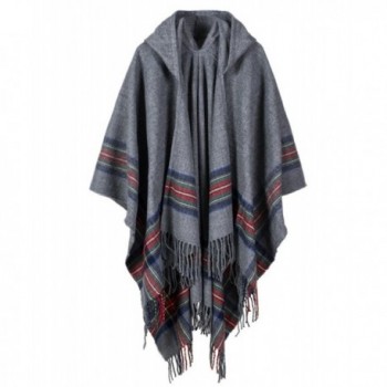 SAMGOO Women's Hooded Stripe Poncho Cape Loose Fit Tartan Shawl Wrap Tassel Long Cardigans - Grey - CE187Q8KSGQ